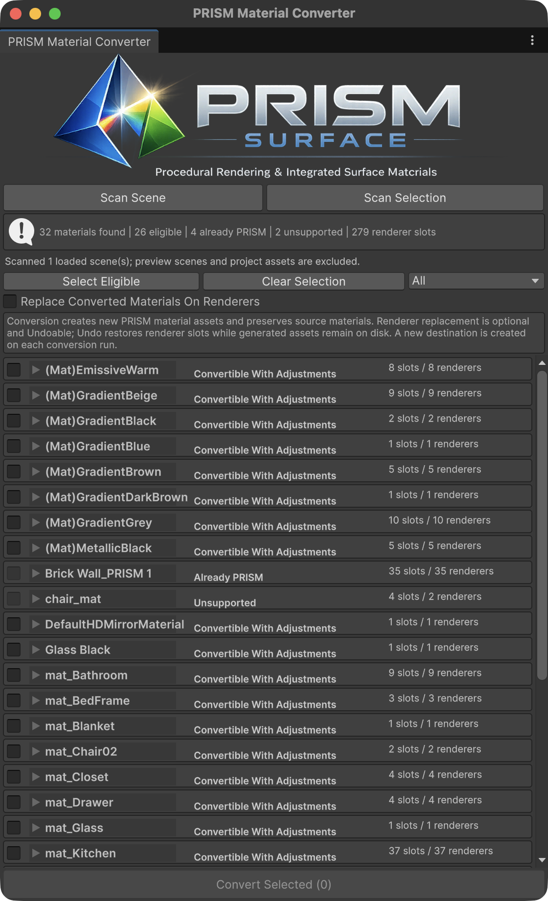 PRISM Material Converter window showing scene scan results and compatibility classifications.