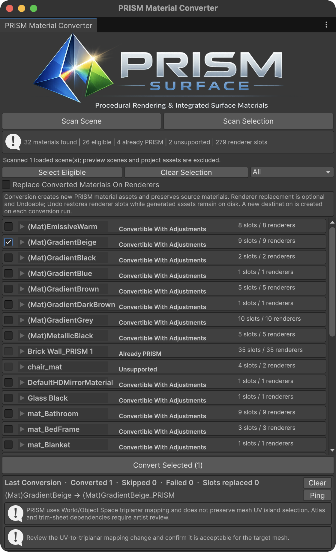 PRISM Material Converter compatibility review and conversion summary
