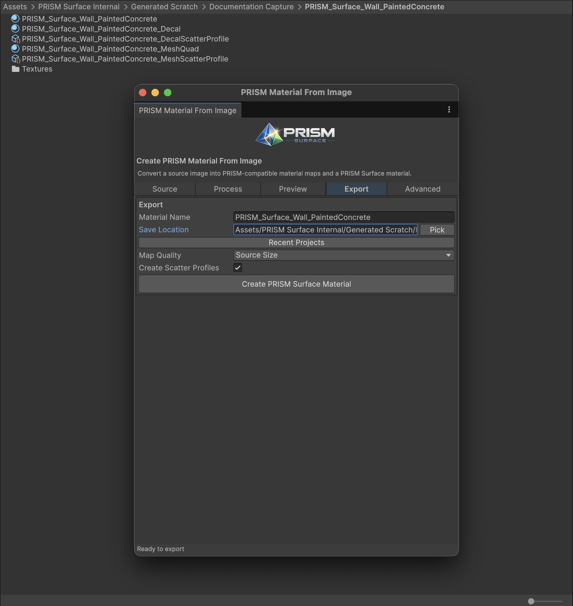 Material From Image export with generated material, maps, and scatter bridge assets