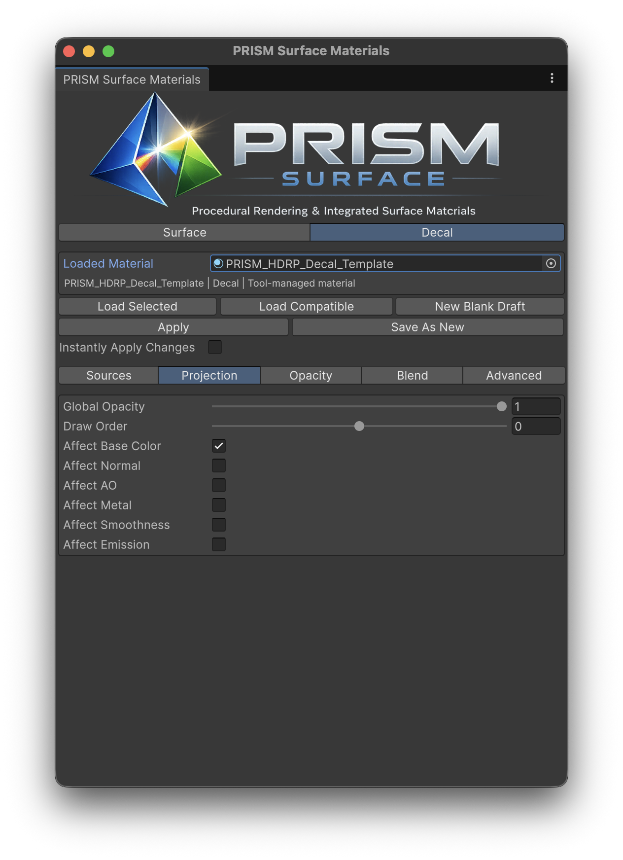 Material Tool Decal Projection controls