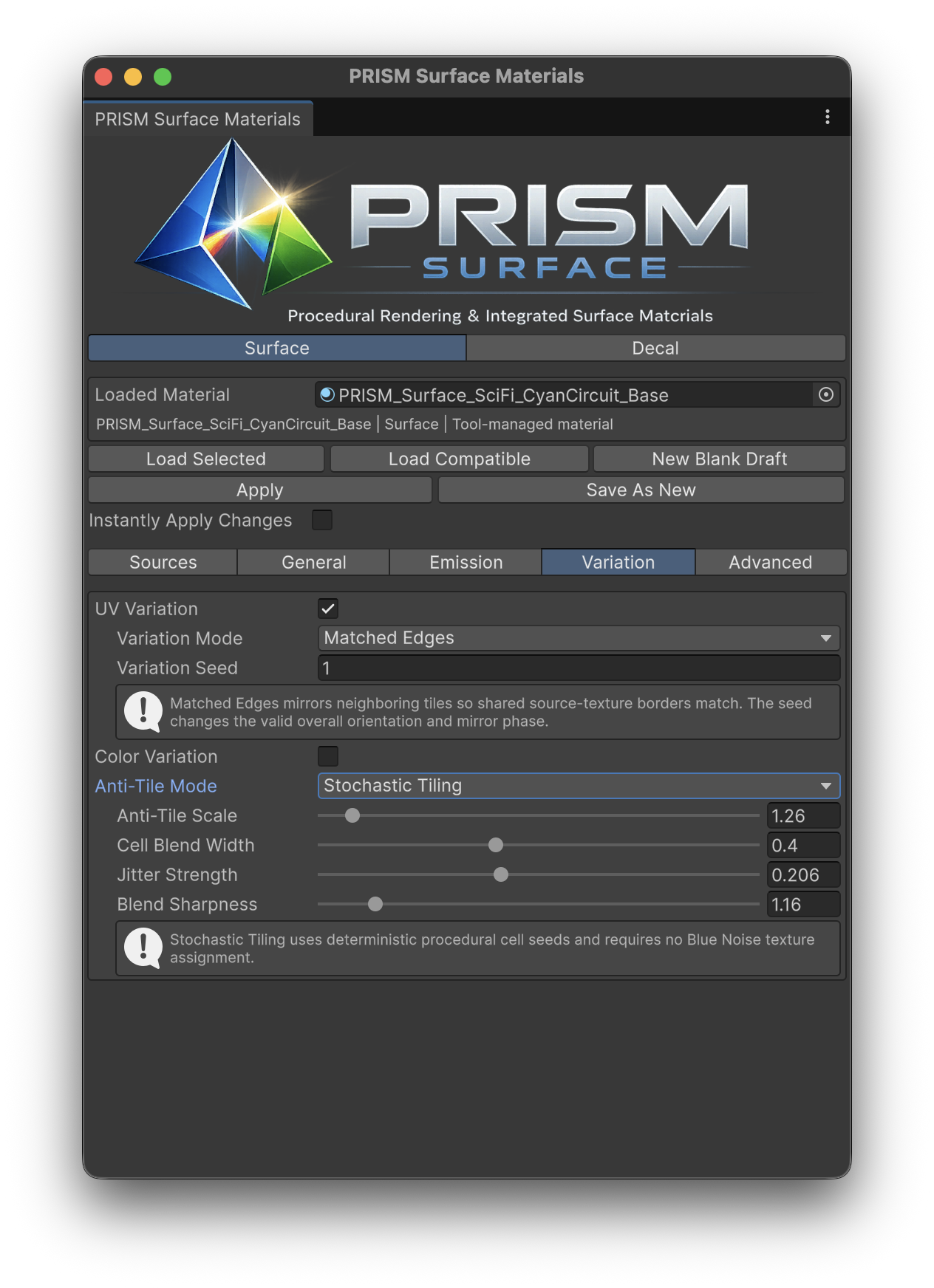 Material Tool Variation tab with Stochastic Tiling controls