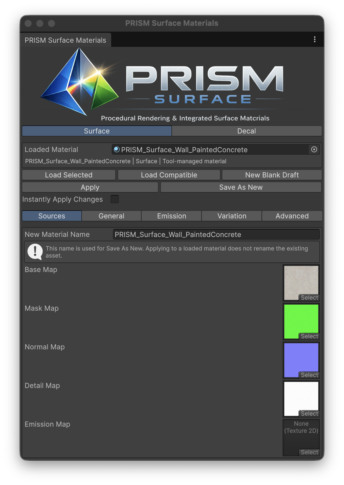 PRISM Surface Materials tool with Surface controls