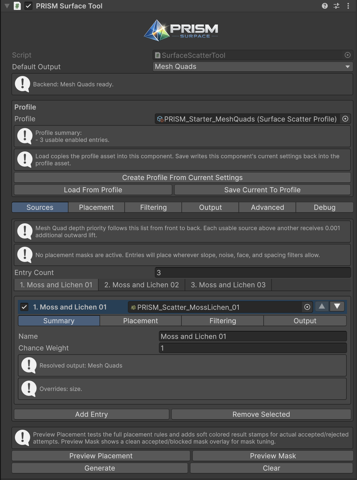 PRISM Surface Tool overview with profile actions, tabs, sources, and preview controls