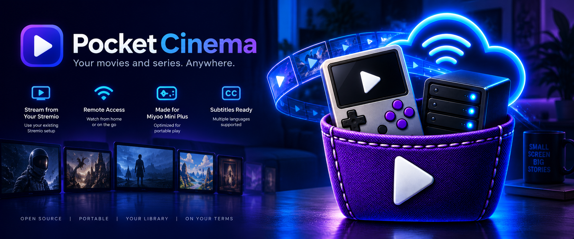 PocketCinema hero banner showing the Miyoo Mini Plus, streaming media, remote access, and PocketCinema server hardware.
