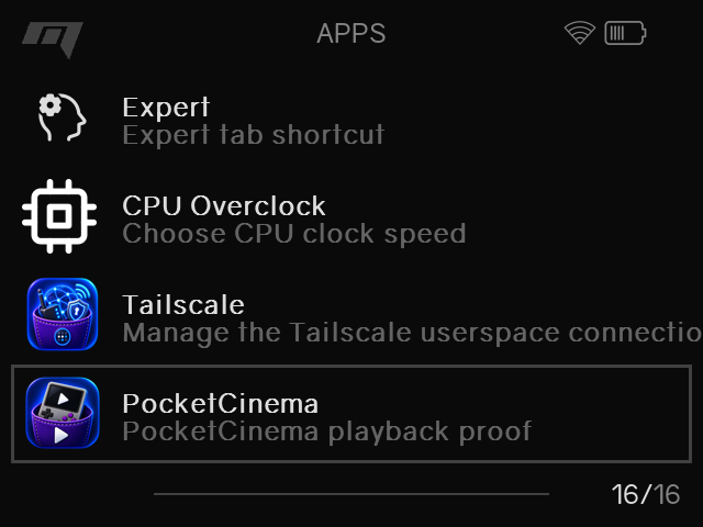 OnionOS Apps menu with PocketCinema selected.