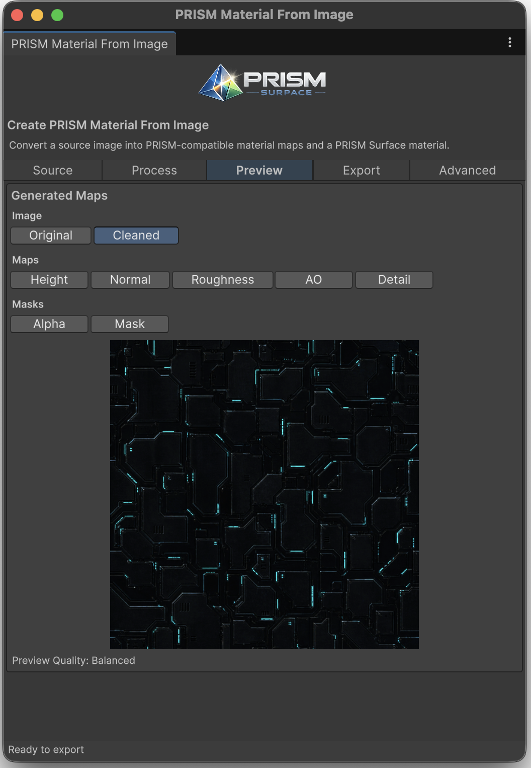 PRISM Material From Image window showing generated map previews.