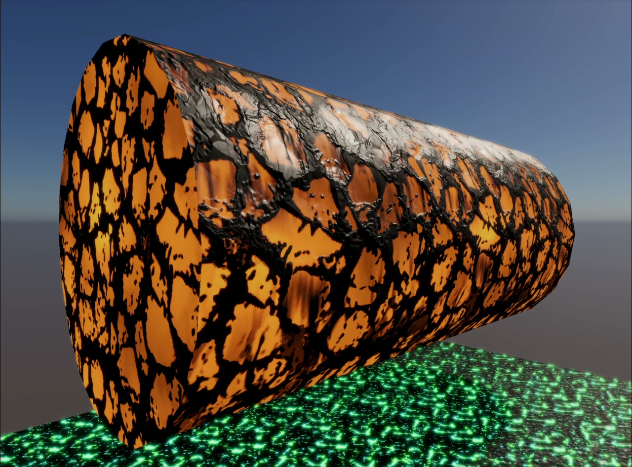 Rendered orange and black surface material with green emission detail.