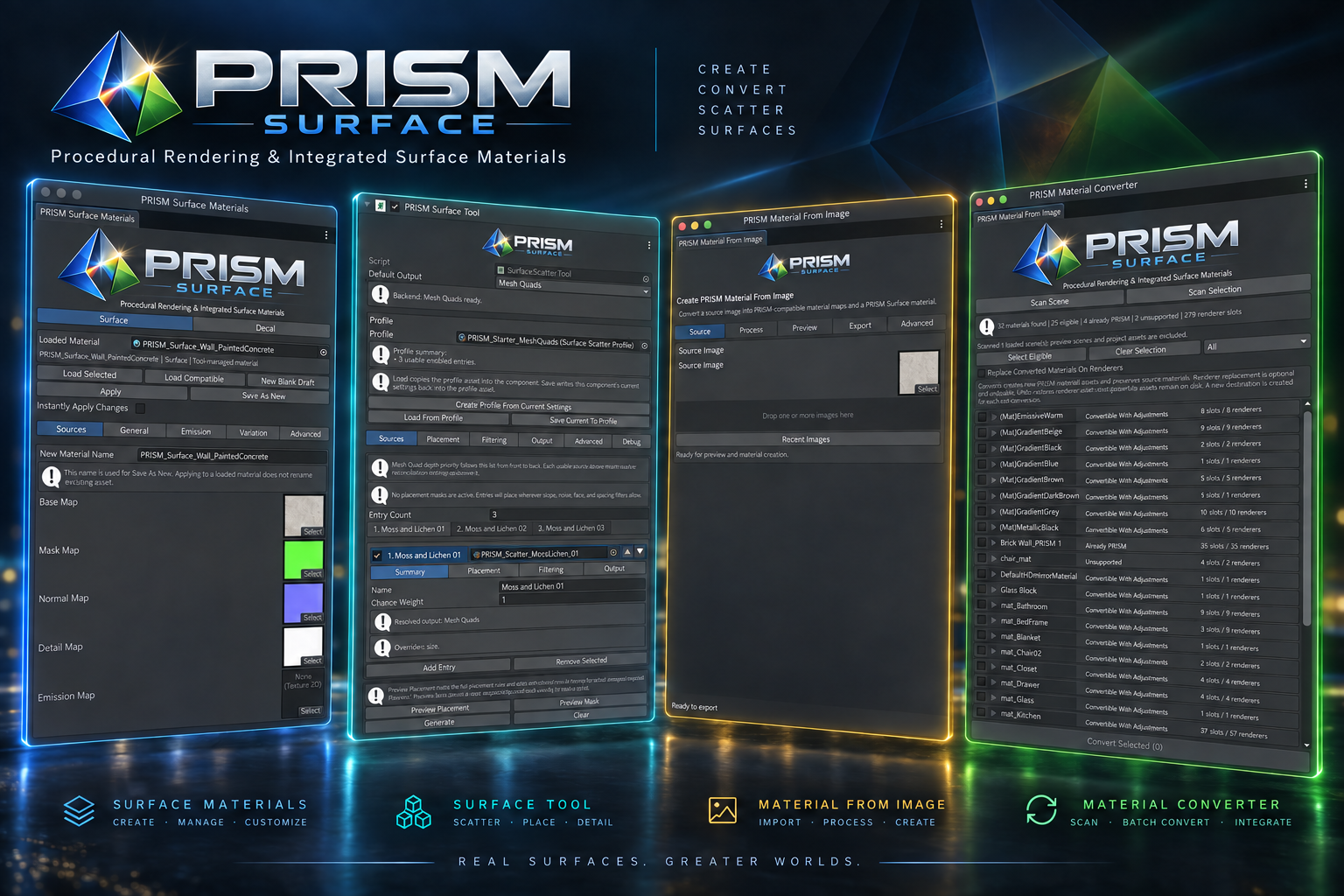 PRISM Surface hero banner showing the product logo, surface scatter tool, material tools, and mixed output workflows.
