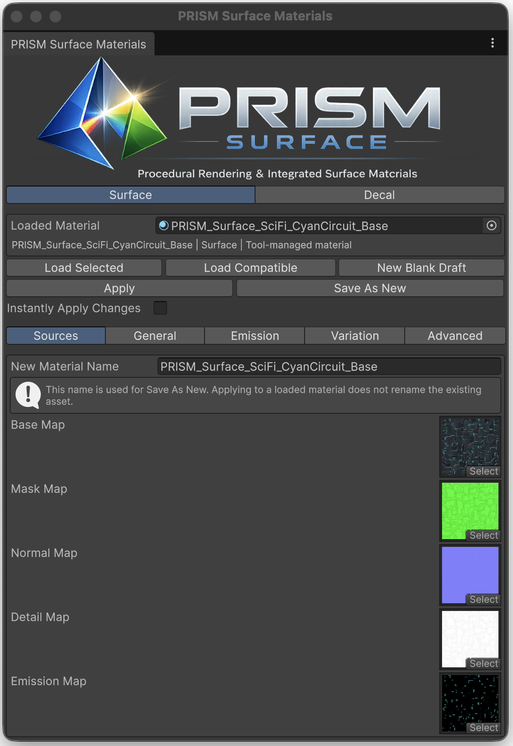 PRISM Surface Materials editor window showing material controls and map layers.